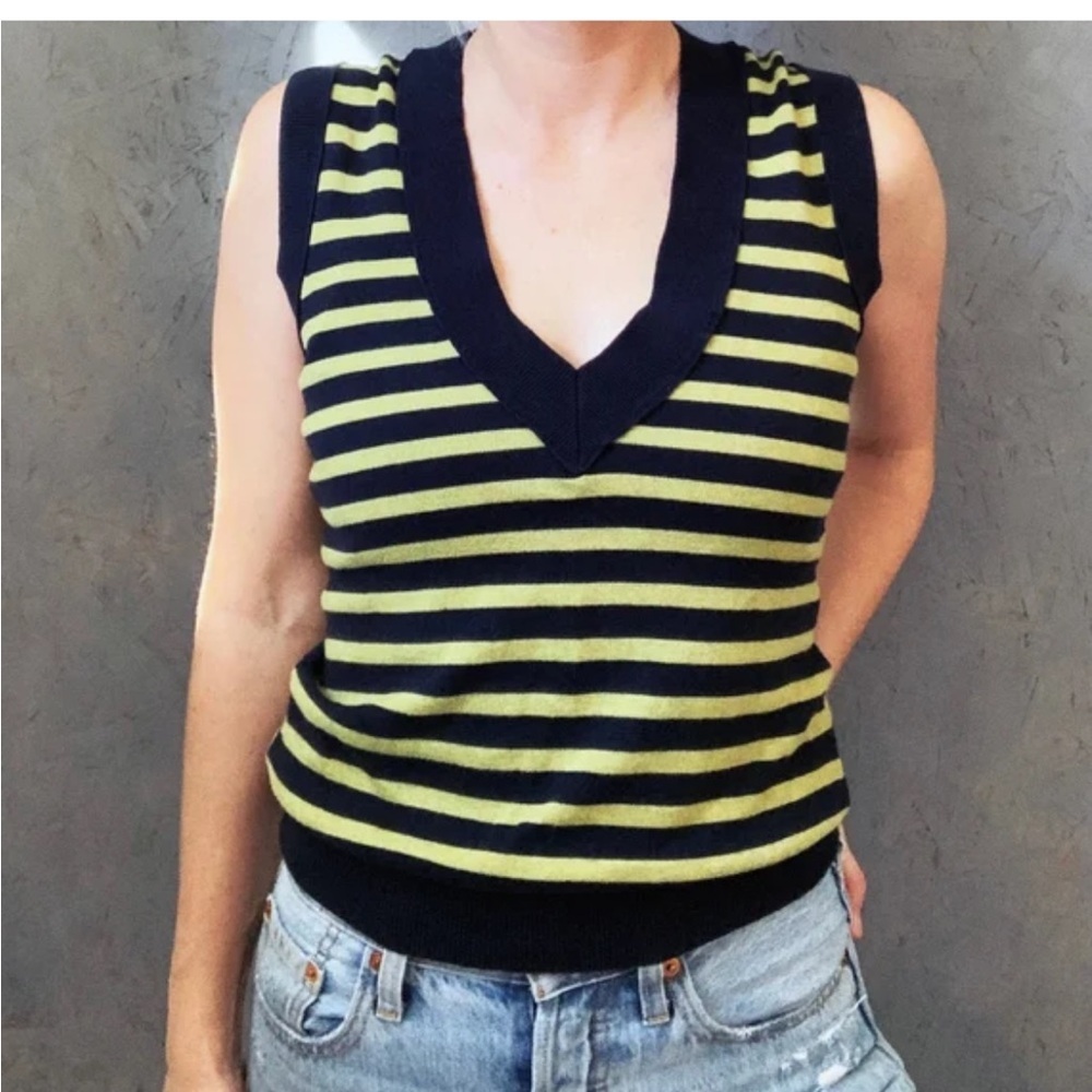 Green Stripe VTG Twik Simons Sweater Vest-EUC -ruched detail -sz Lg